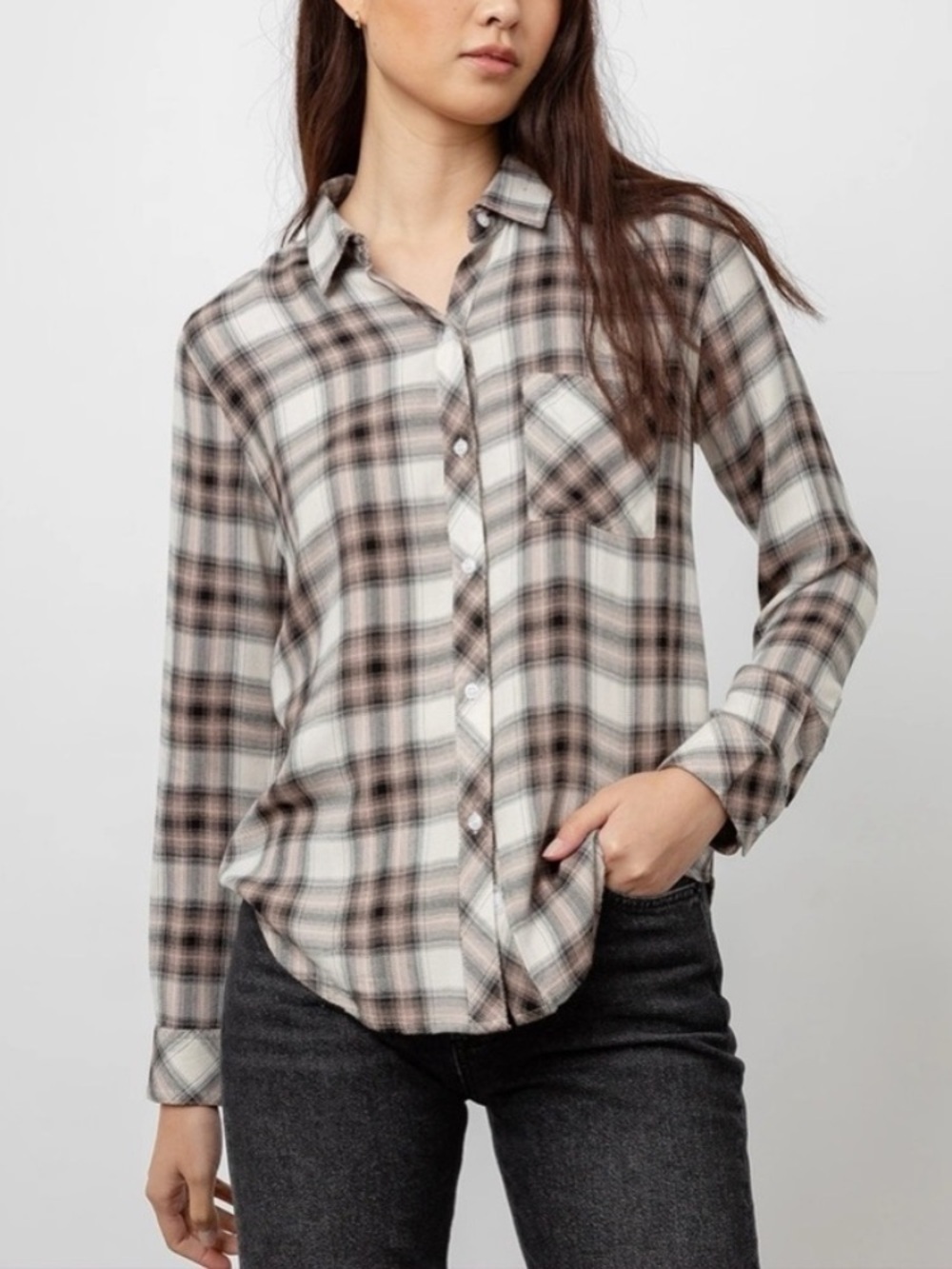 Rails Hunter Plaid Button Down Top Ivory Coal Blush Size Small